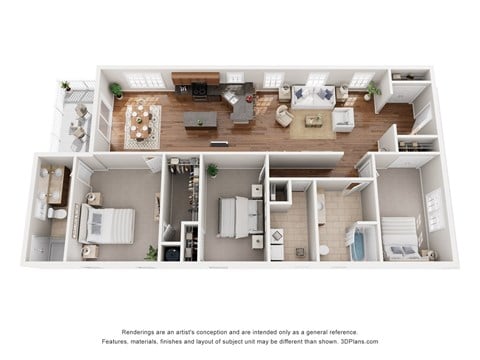 Floor plan for 3 beds, 2 baths, 1628 sqft